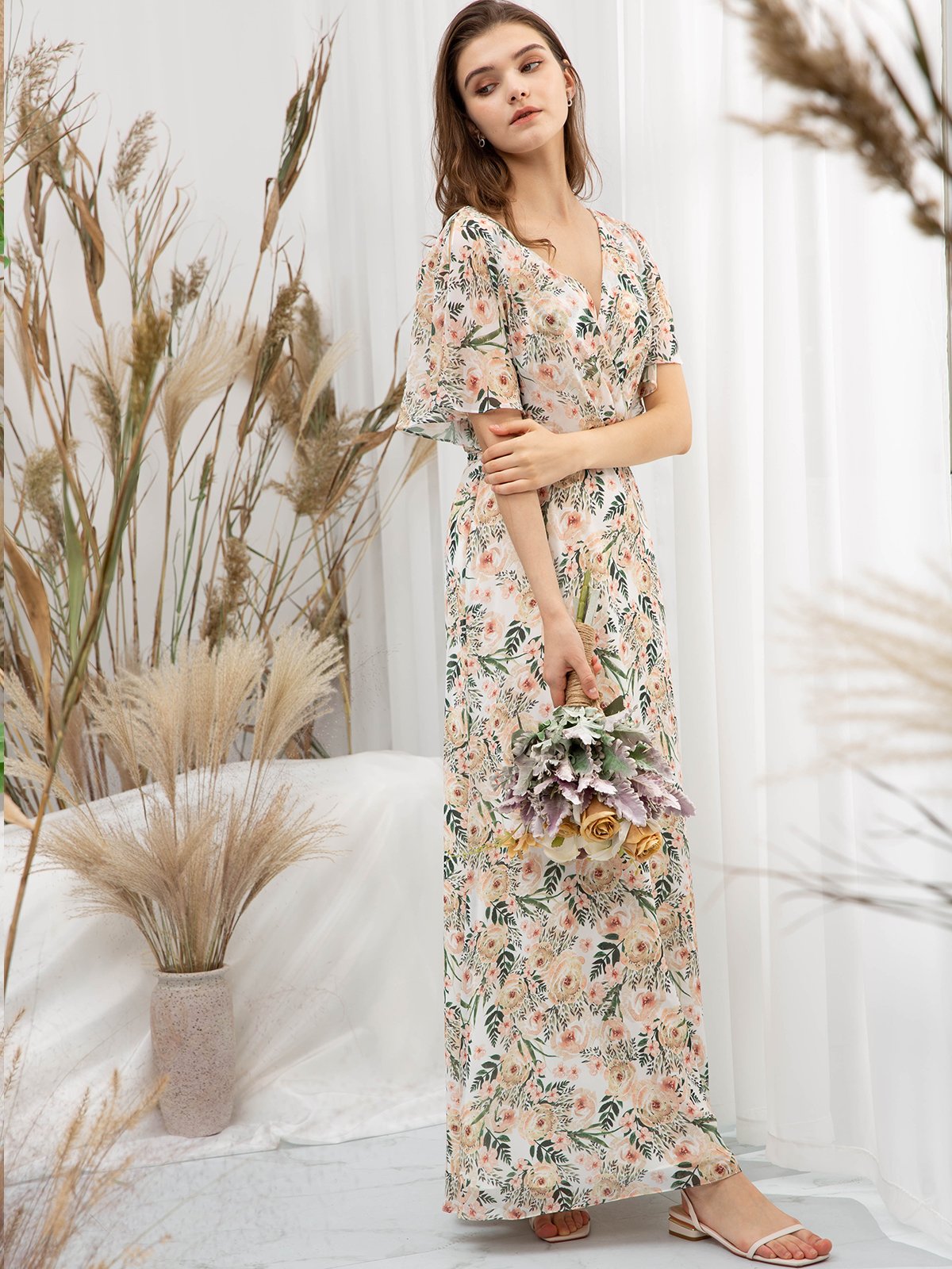Fledermausärmel V-Ausschnitt Chiffon-Print Floral Khaki Bodenlanges formelles Kleid