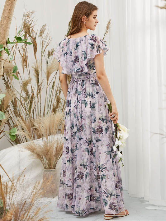MissJophiel Cap Sleeves V Neck Chiffon Print Floral Wisteria Floor Length Formal Gown