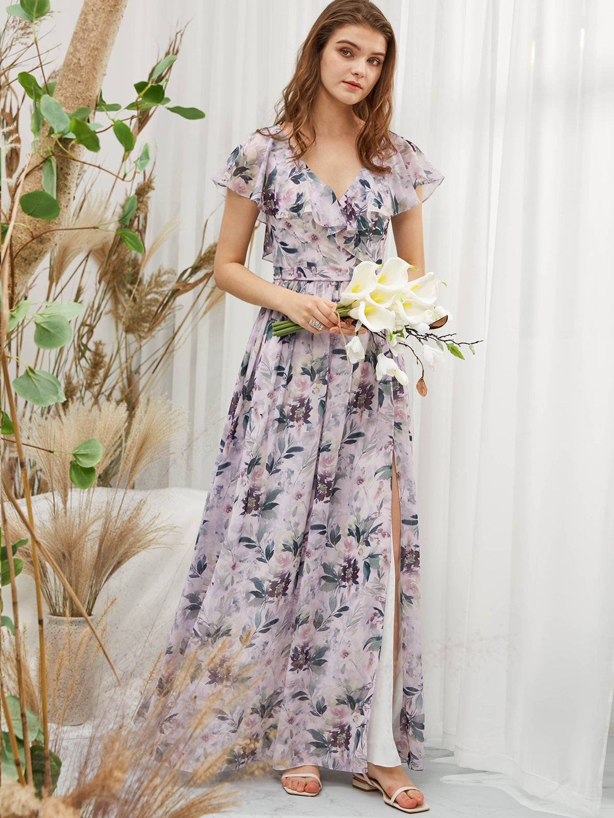 Cap Sleeves V Neck Chiffon Print Floral Wisteria Floor Length Formal Gown
