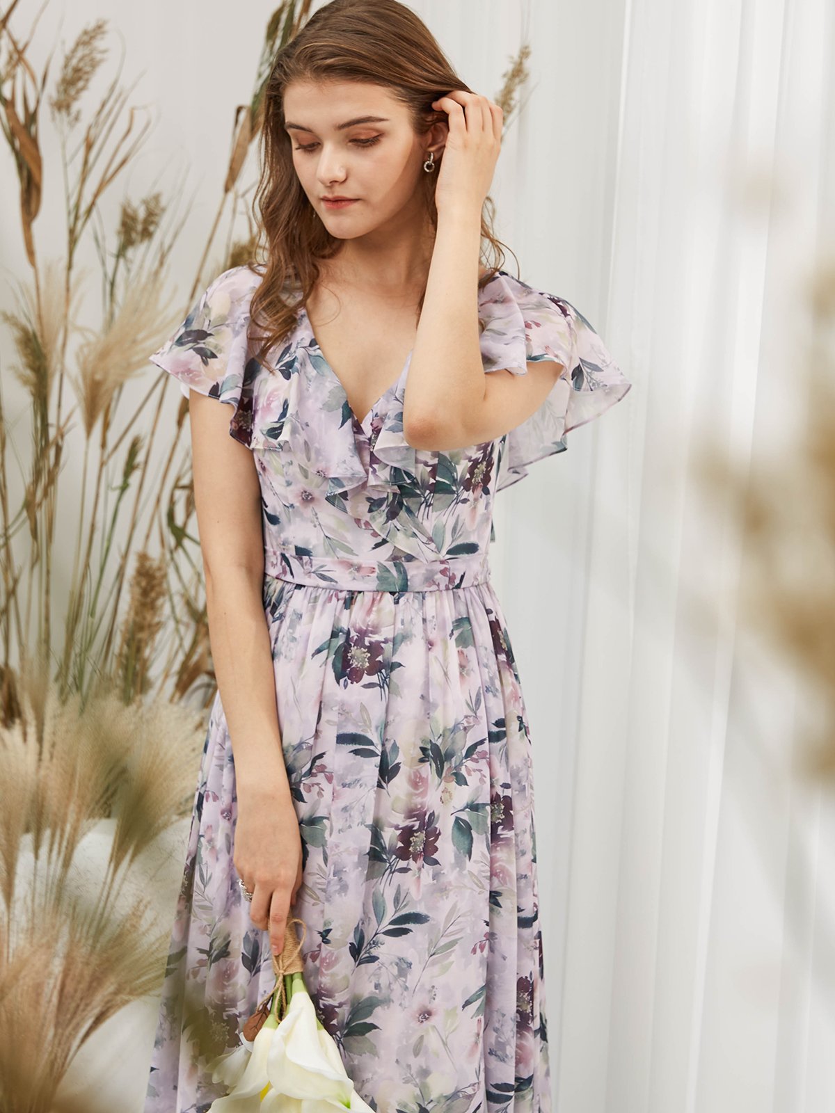Cap Sleeves V Neck Chiffon Print Floral Wisteria Floor Length Formal Gown