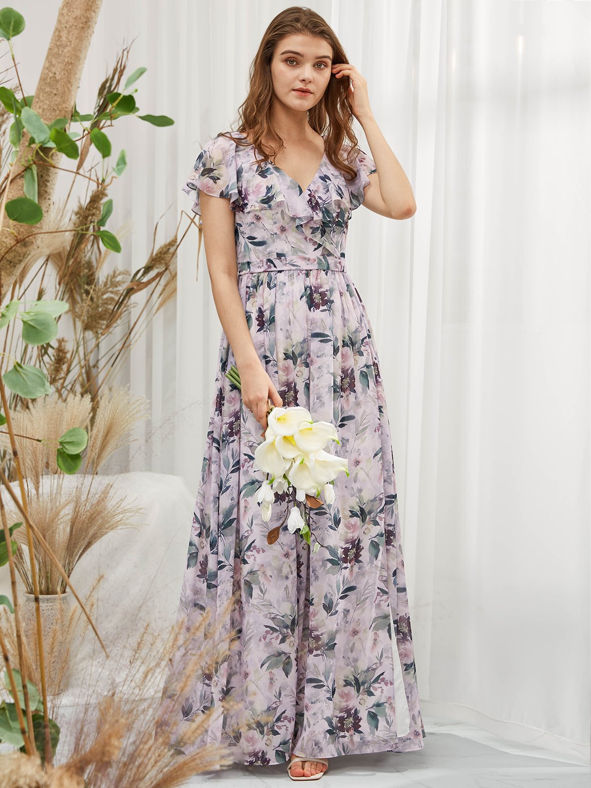 MissJophiel Cap Sleeves V Neck Chiffon Print Floral Wisteria Floor Length Formal Gown