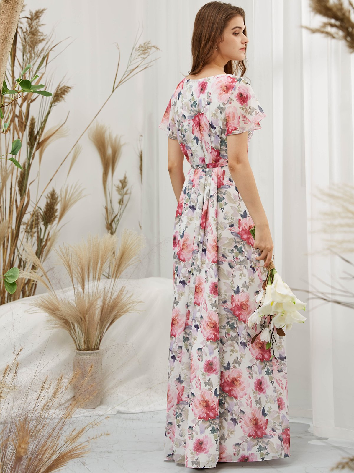 MissJophiel Short Sleeves V Neck Chiffon Print Floral Fuchsia Floor Length Formal Gown