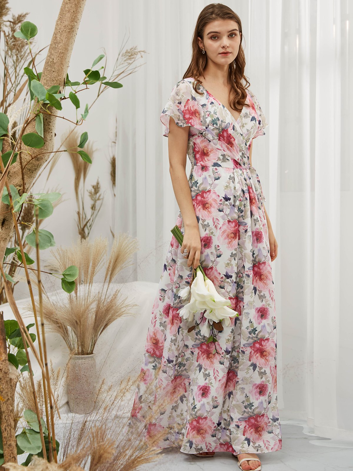 Kurze Ärmel V-Ausschnitt Chiffon-Print Floral Fuchsia Bodenlanges formelles Kleid