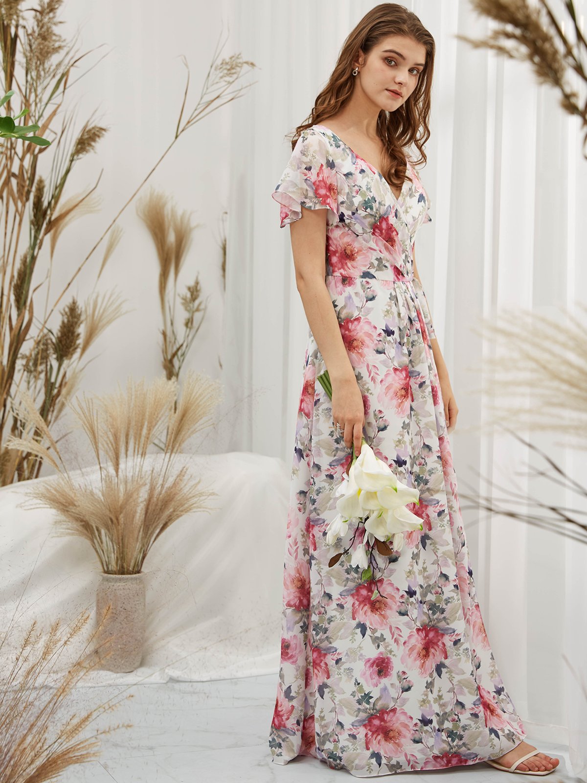 Short Sleeves V Neck Chiffon Print Floral Fuchsia Floor Length Formal Gown