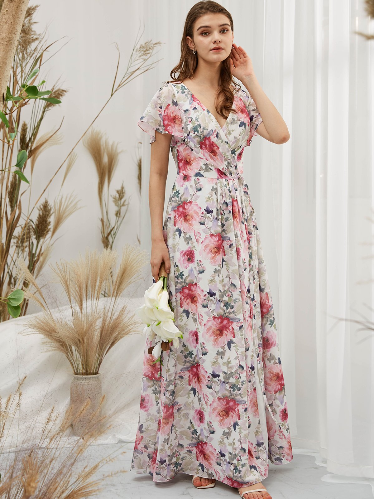 MissJophiel Short Sleeves V Neck Chiffon Print Floral Fuchsia Floor Length Formal Gown