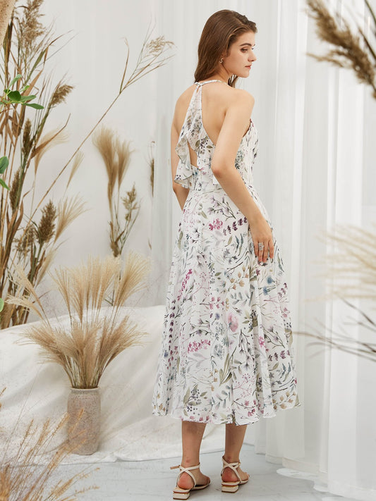 MissJophiel Spaghetti Straps V Neck Chiffon Print Floral Ivory Tea Length Formal Gown