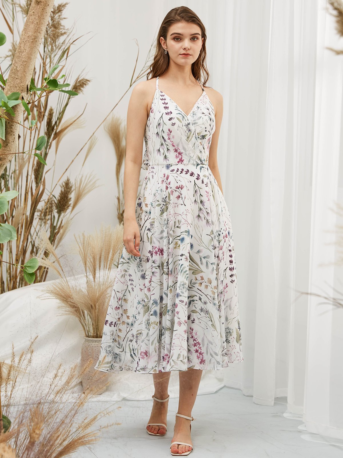 Spaghetti Straps V Neck Chiffon Print Floral Ivory Tea Length Formal Gown
