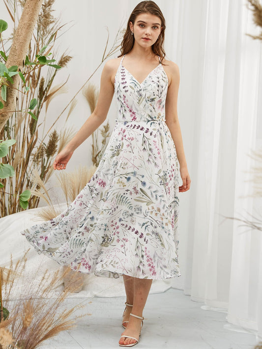 MissJophiel Spaghetti Straps V Neck Chiffon Print Floral Ivory Tea Length Formal Gown