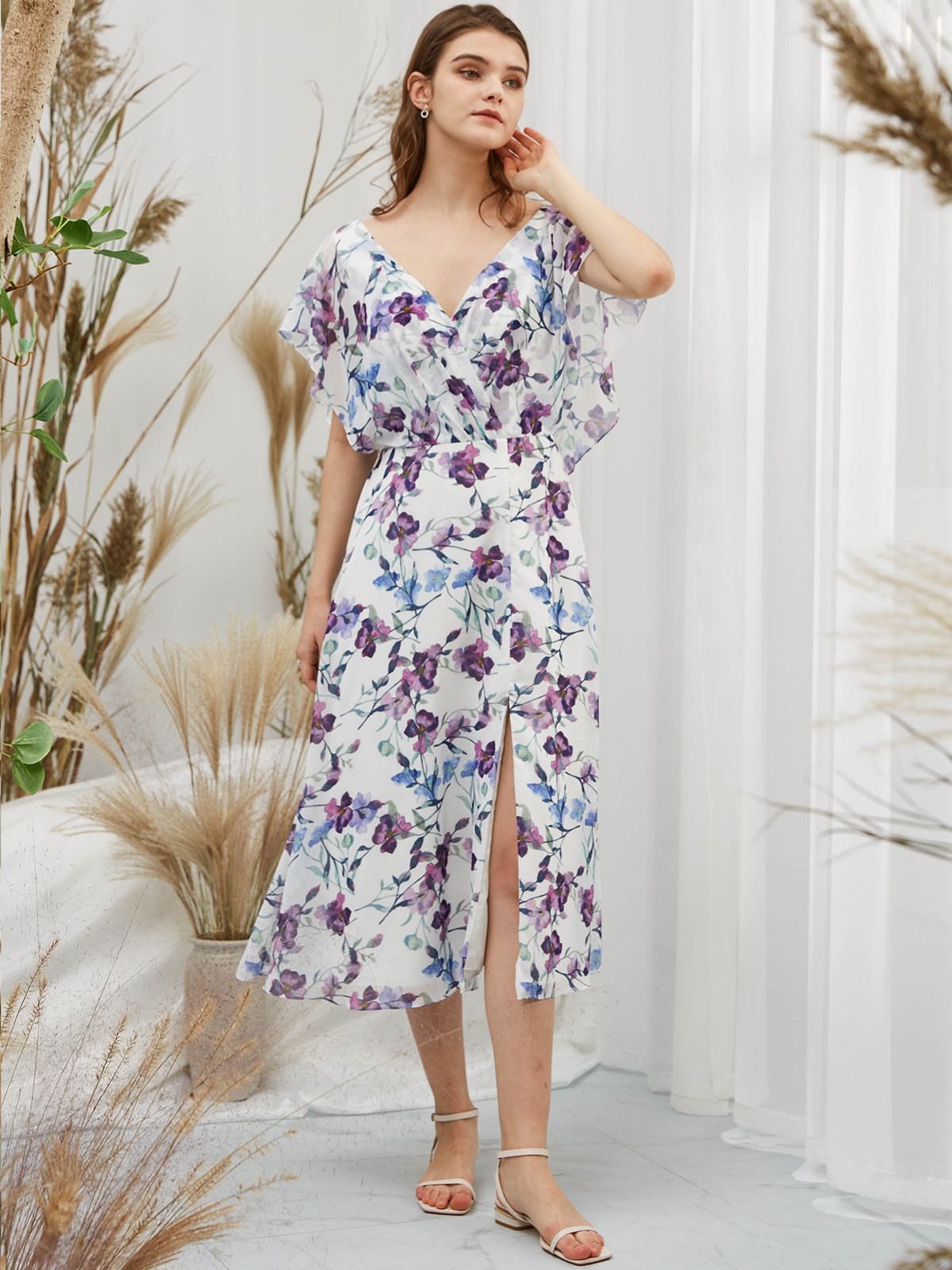 MissJophiel Bat Sleeves V Neck Chiffon Print Floral Blue Tea Length Formal Gown