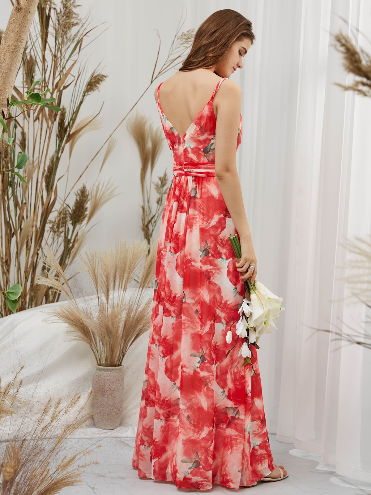 MissJophiel One Shoulder Chiffon Print Floral Red Floor Length Formal Evening Gown