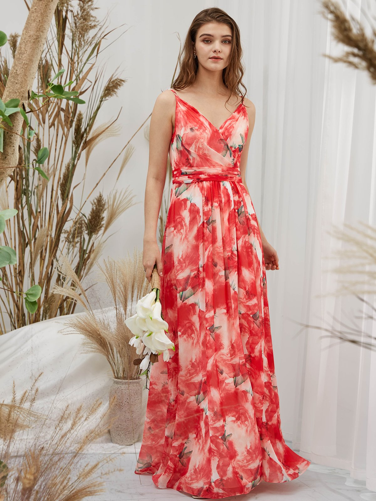 Straps V Neck Chiffon Print Floral Red Floor Length Formal Evening Gown