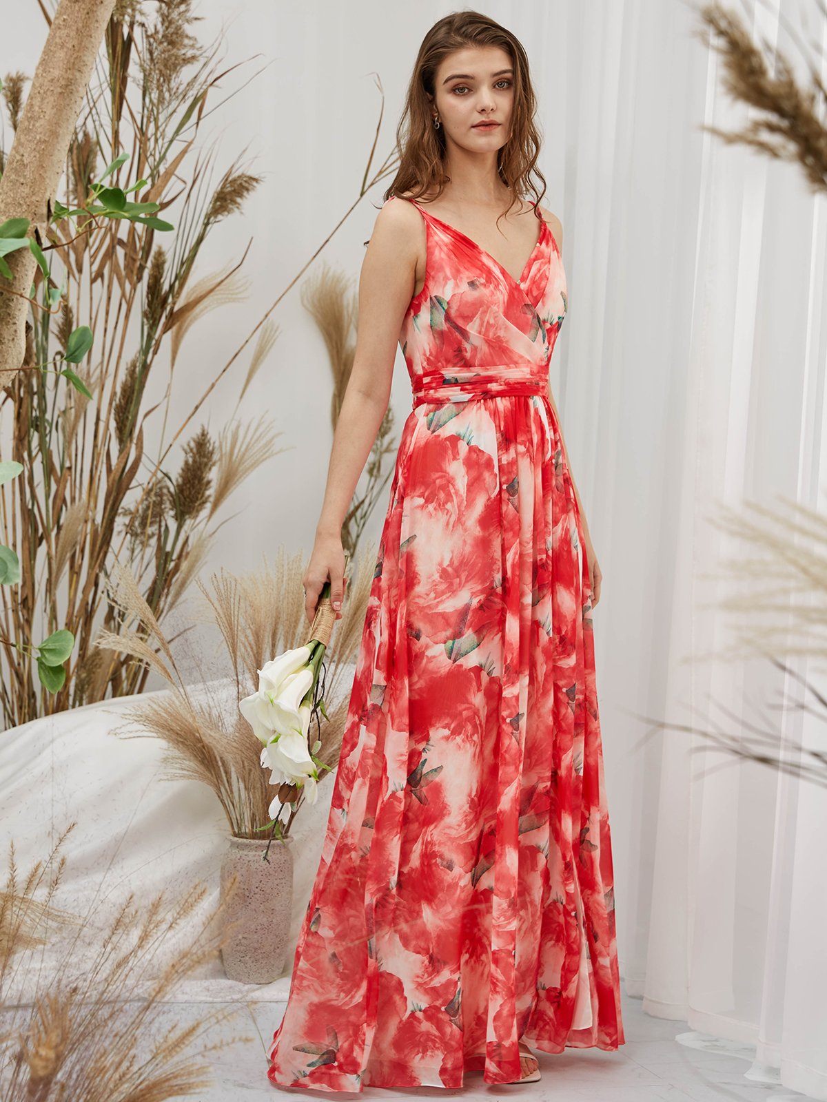 MissJophiel One Shoulder Chiffon Print Floral Red Floor Length Formal Evening Gown