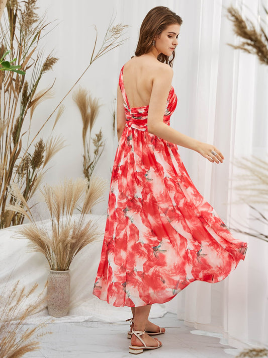 MissJophiel One Shoulder Chiffon Print Floral Red Midi Tea Length Formal Gown