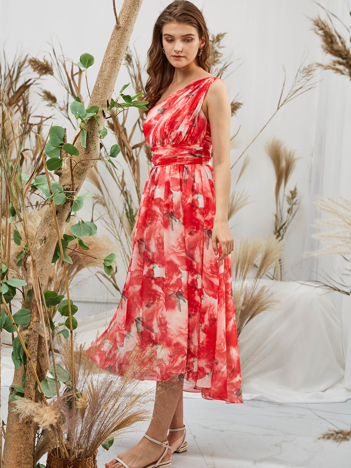 red dress floral Fashion Red Multi-Color Floral Print V-Neck Ruffle Dress XS / Red