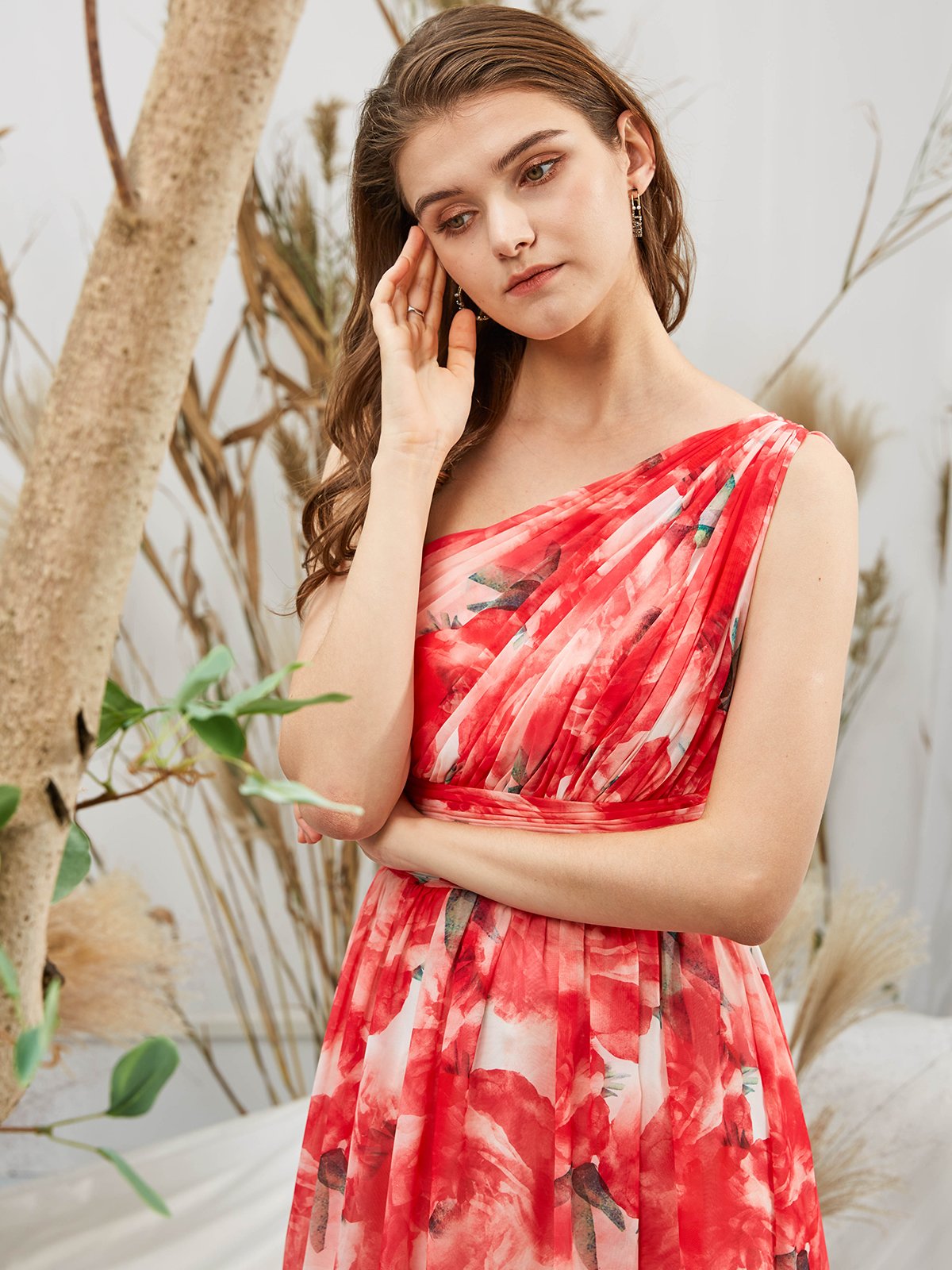 One Shoulder Chiffon Print Floral Red Midi Tea Length Formal Gown