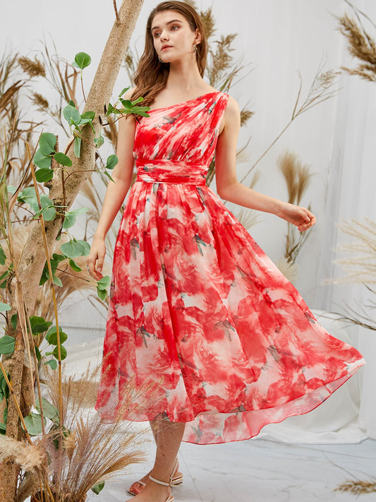 MissJophiel One Shoulder Chiffon Print Floral Red Midi Tea Length Formal Gown