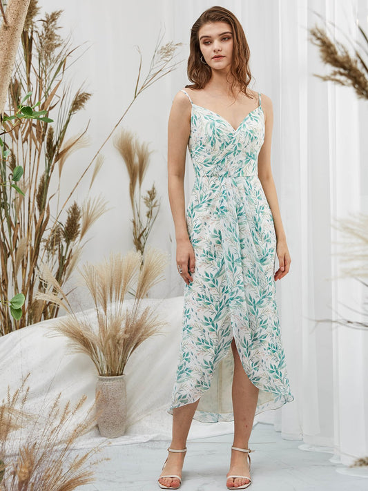 MissJophiel Spaghetti Straps V Neck Chiffon Print Floral Sage Midi Tea Length Formal Gown