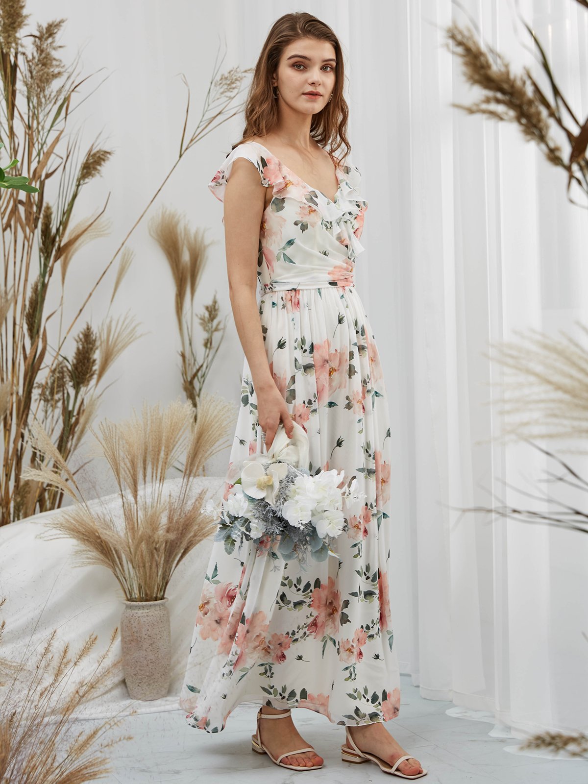 Träger V-Ausschnitt Chiffon-Print Floral Pfirsich bodenlangen formelles Abendkleid