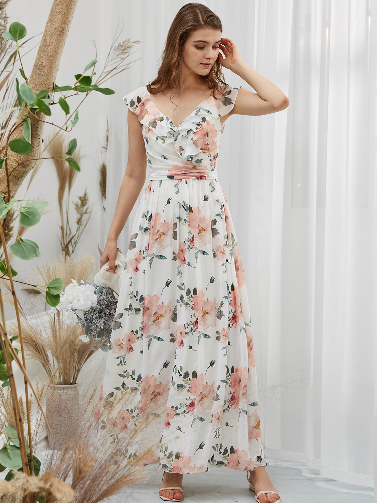 Straps V Neck Chiffon Print Floral Peach Floor Length Formal Evening Gown