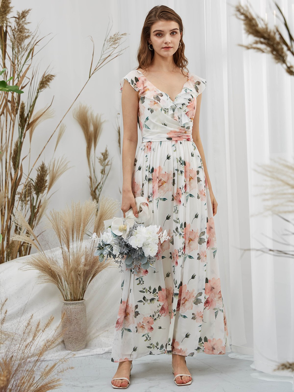 MissJophiel Straps V Neck Chiffon Print Floral Peach Floor Length Formal Evening Gown