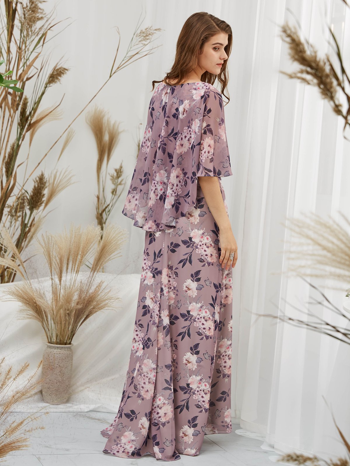 chiffon printed evening dresses A-Line Maxi Printed Chiffon Mother of The Bride Dress Off The Shoulder Formal Dress COCOMELODY CM0443, Dusty Blue