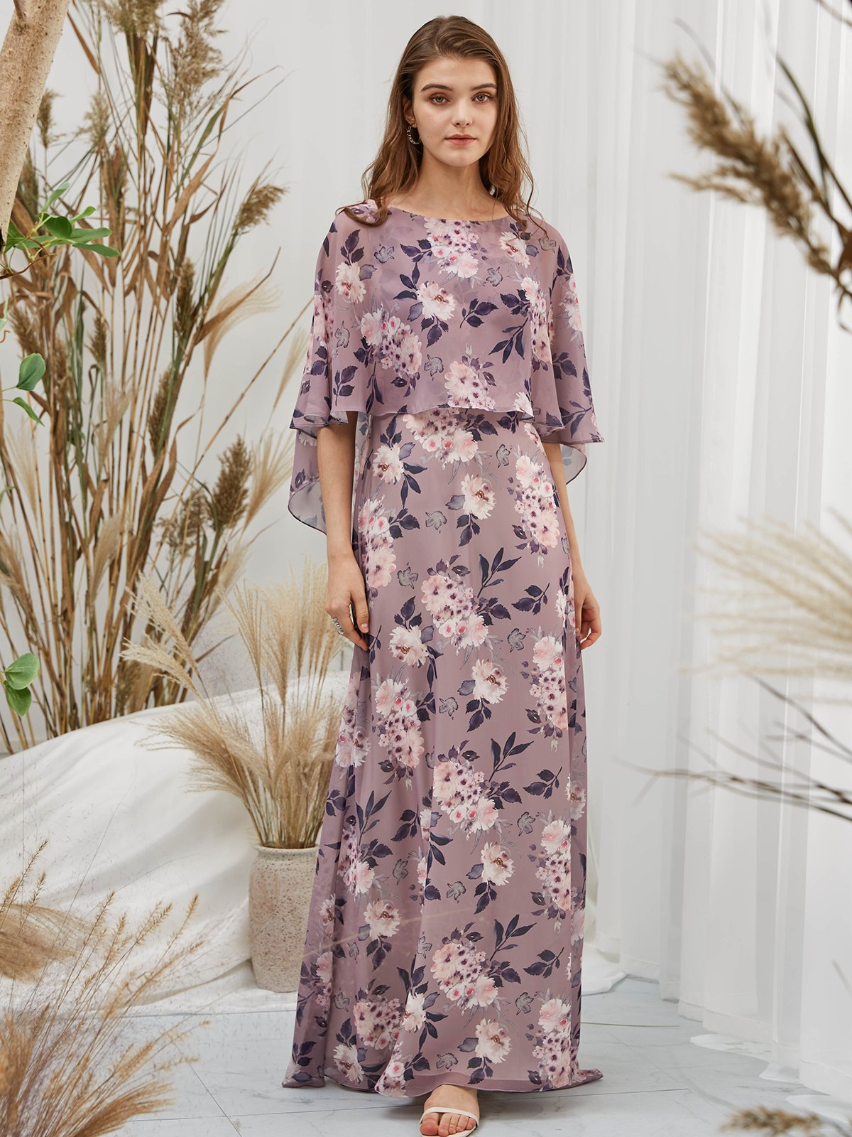 MissJophiel Cape Sleeves Boat Neck Chiffon Print Floral Wisteria Floor Length Formal Evening Gown
