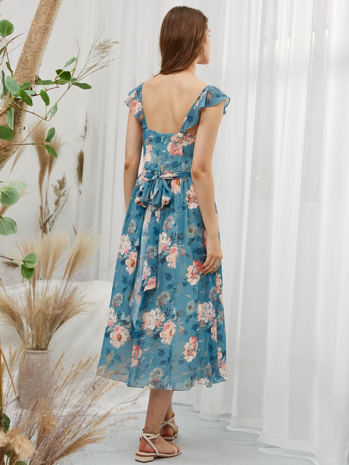 MissJophiel Straps V Neck Chiffon Print Floral Teal Midi Tea Length Formal Gown
