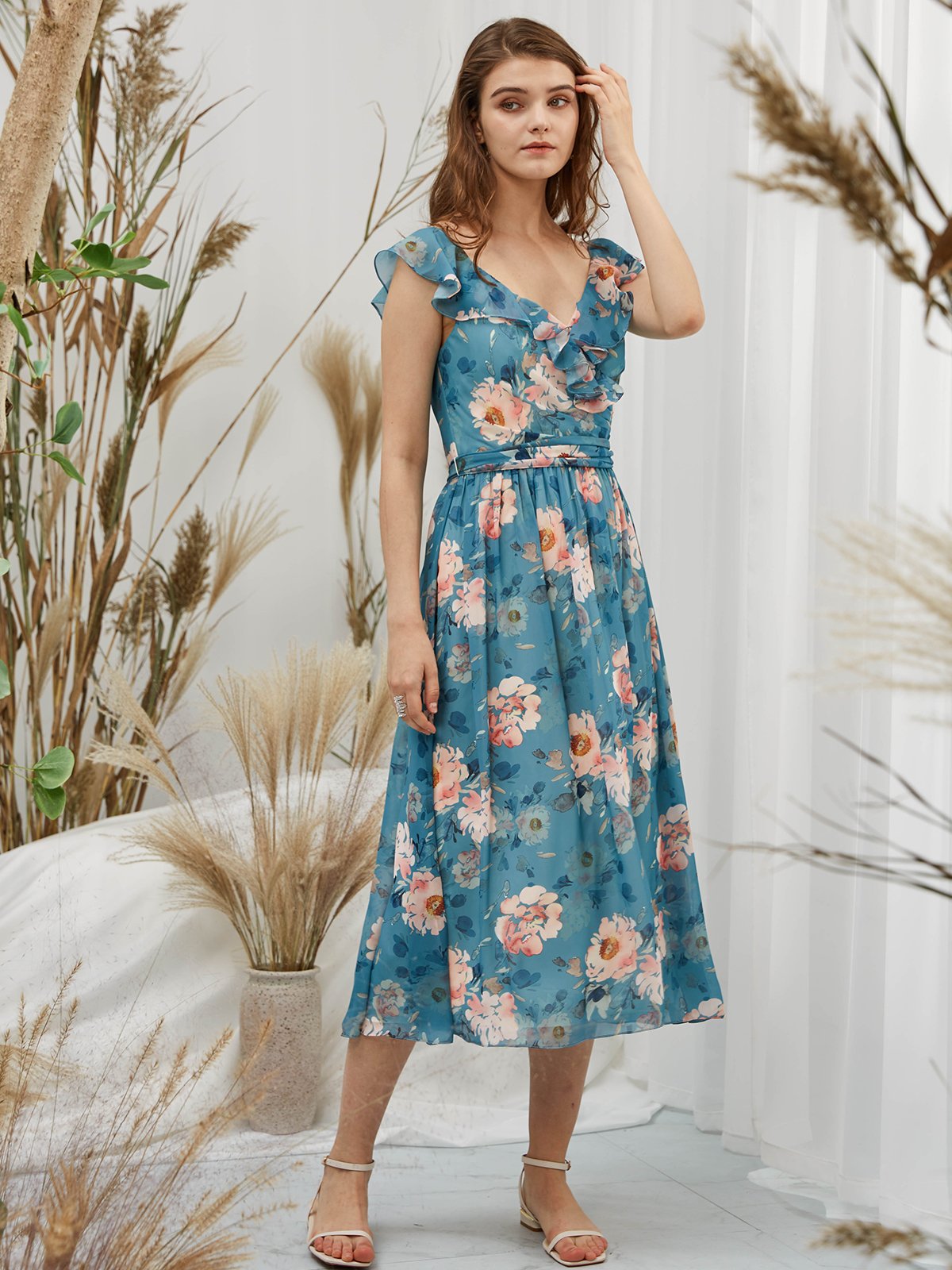 Träger V-Ausschnitt Chiffon-Print Floral Teal Midi Tee Länge Formelles Kleid