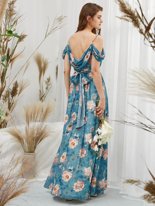 MissJophiel Straps V Neck Off the Shoulder Chiffon Print Floral Teal Floor Length Formal Evening Gown