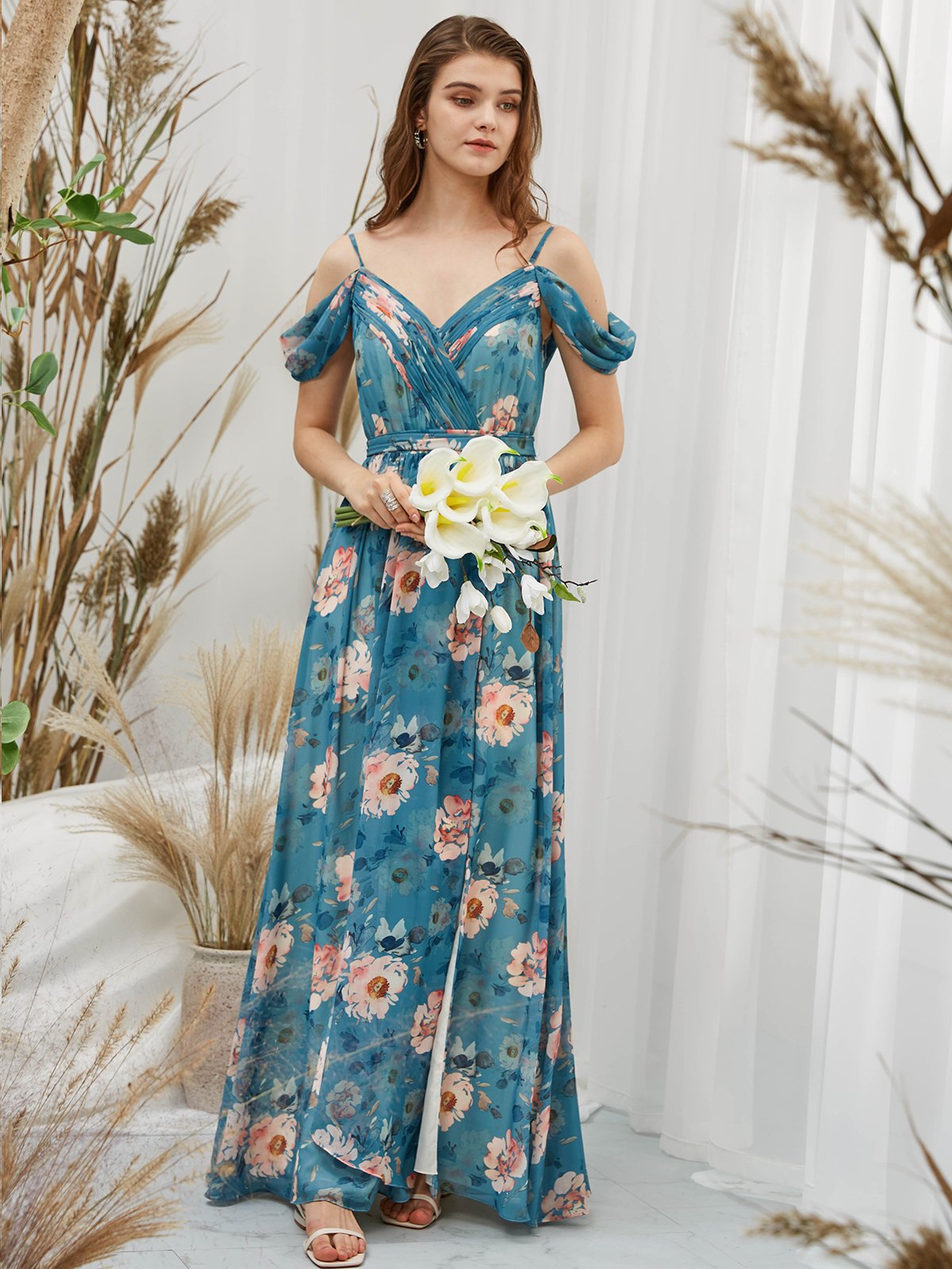 Träger V-Ausschnitt, schulterfrei, Chiffon-Print, bodenlanges, formelles Abendkleid mit floralem Teal