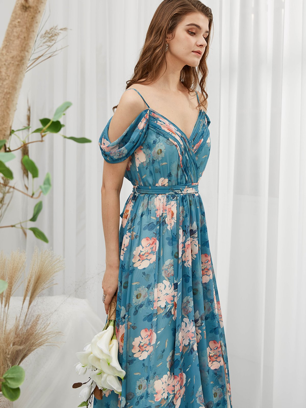 Straps V Neck Off the Shoulder Chiffon Print Floral Teal Floor Length Formal Evening Gown