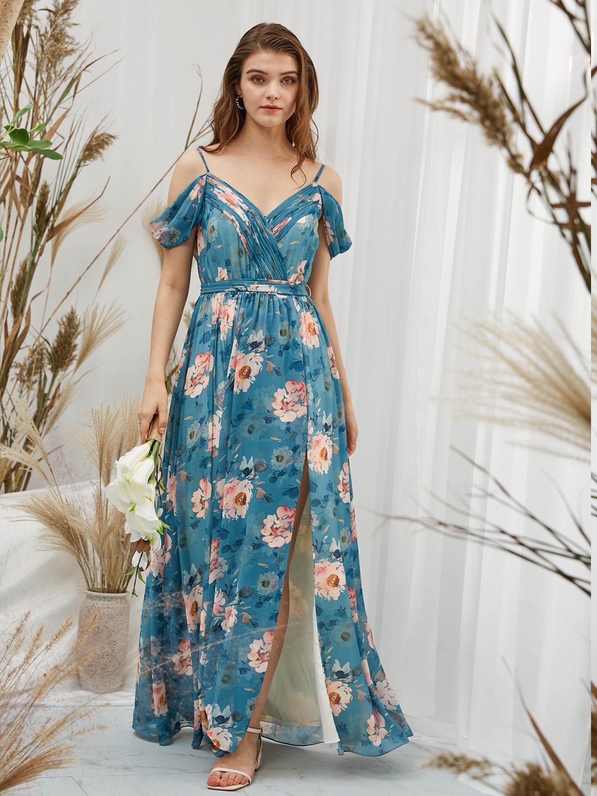 MissJophiel Straps V Neck Off the Shoulder Chiffon Print Floral Teal Floor Length Formal Evening Gown