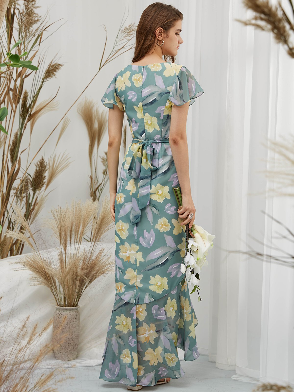 MissJophiel Cape Sleeves Chiffon Print Floral Sage Floor Length Formal Evening Gown