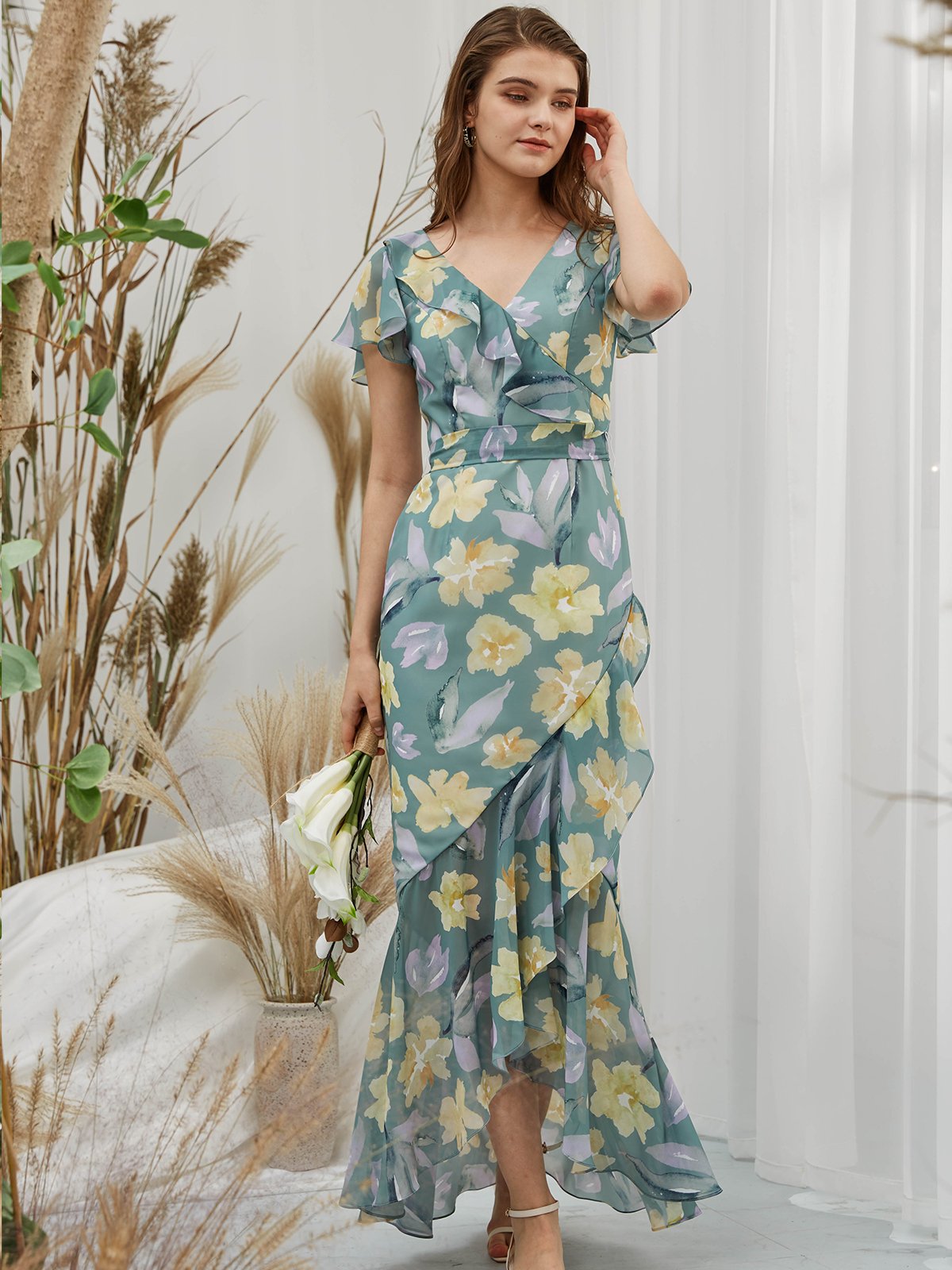 Cape Sleeves Chiffon Print Floral Sage Floor Length Formal Evening Gown