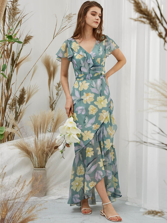 MissJophiel Cape Sleeves Chiffon Print Floral Sage Floor Length Formal Evening Gown