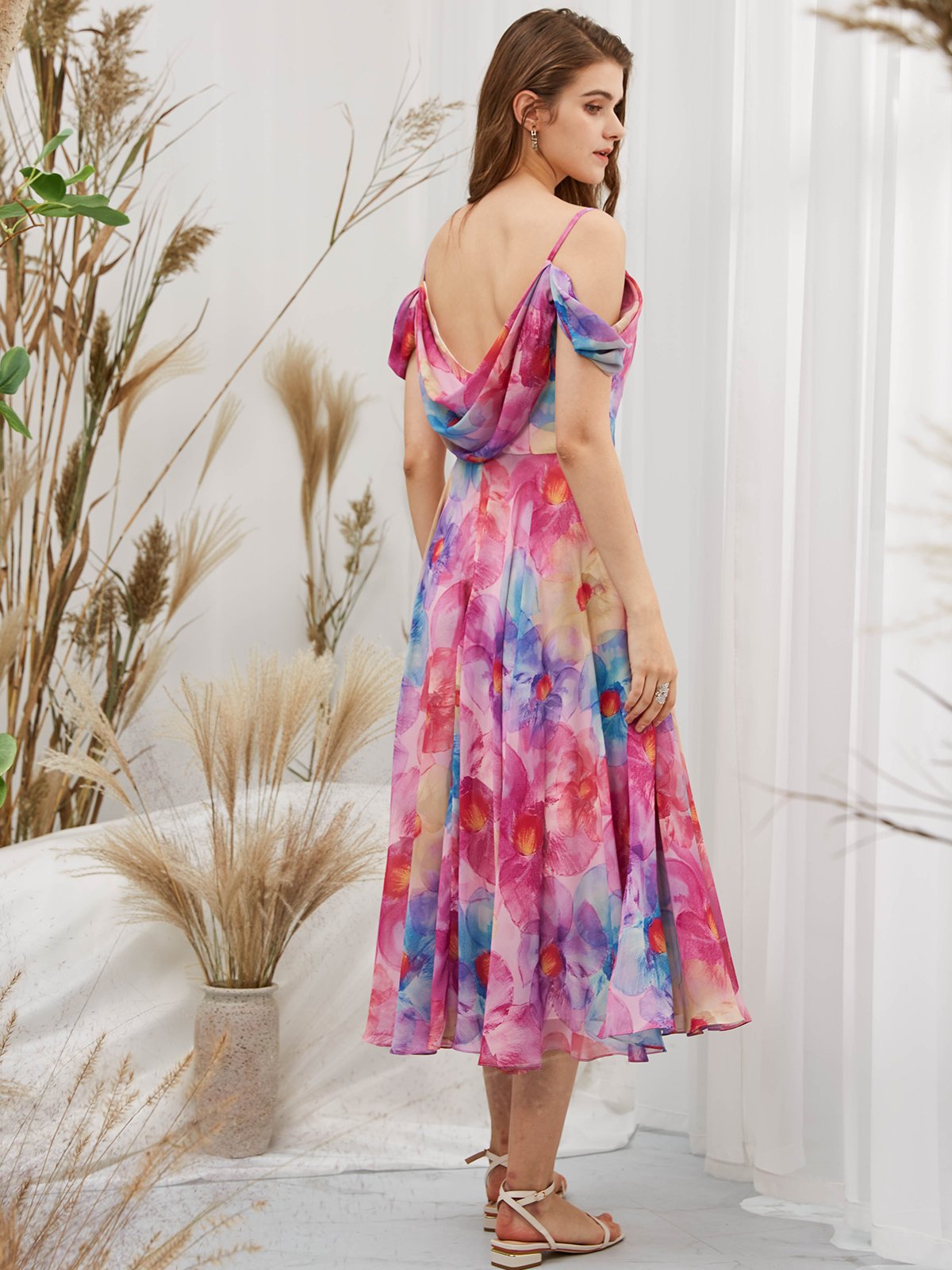 MissJophiel Straps V neck Off the Shoulder Chiffon Print Floral Fuchsia Tea Length Formal Gown