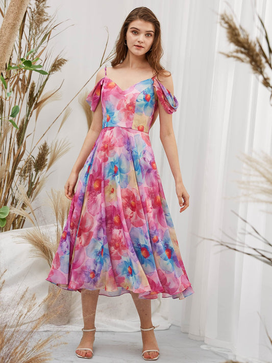 MissJophiel Straps V neck Off the Shoulder Chiffon Print Floral Fuchsia Tea Length Formal Gown