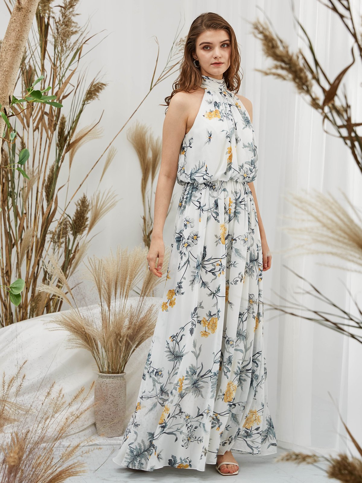Halter High Neck Chiffon Print Floral Gray Tea Length Formal Gown