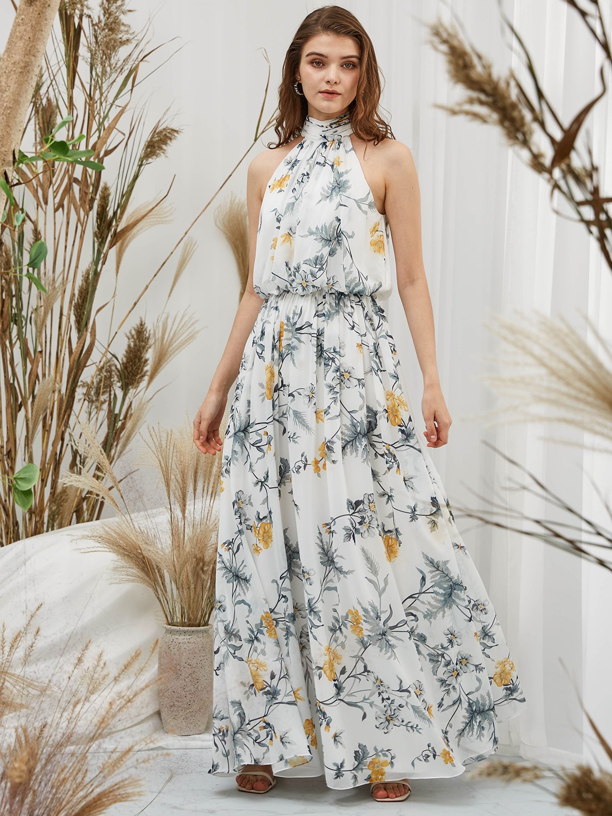 Halter High Neck Chiffon Print Floral Gray Tea Length Formal Gown
