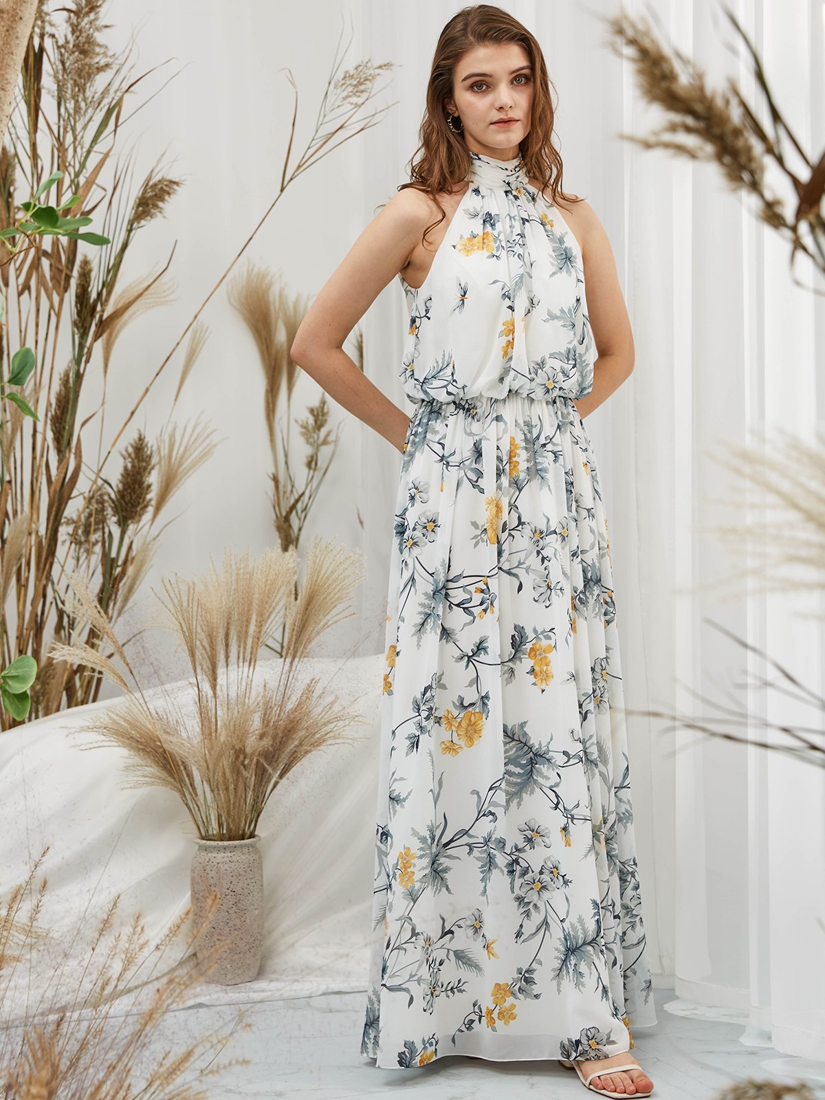 MissJophiel Halter High Neck Chiffon Print Floral Gray Tea Length Formal Gown
