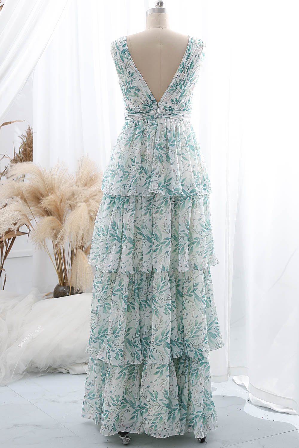 MissJophiel Women Straps V Neck Floral Chiffon Sage Maxi Tiered Prom Formal Evening Gown Sage / Tea Length / US2