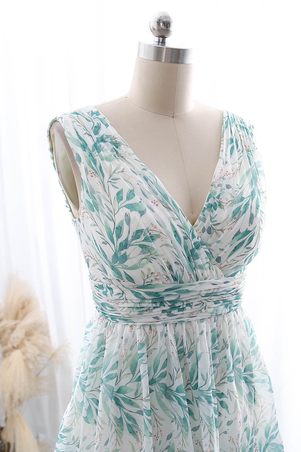Straps V Neck Floral Chiffon Sage Maxi Tiered Prom Formal Evening Gown