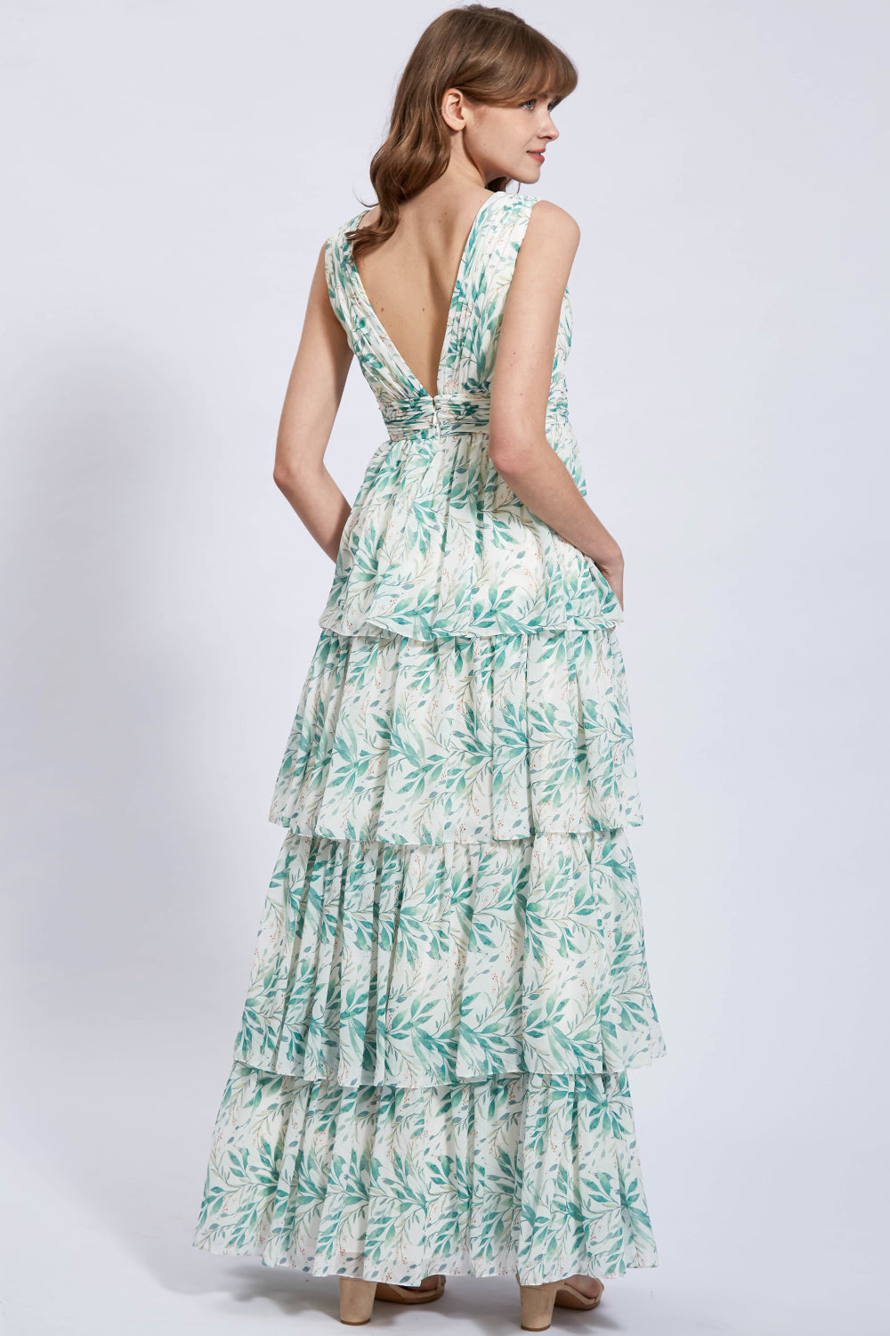 MissJophiel Straps V Neck Floral Chiffon Sage Tiered Formal Evening Gown