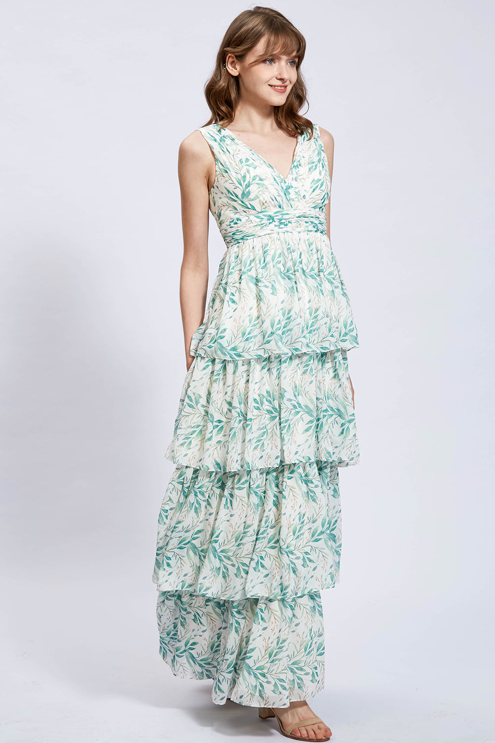 Straps V Neck Floral Chiffon Sage Tiered Formal Evening Gown