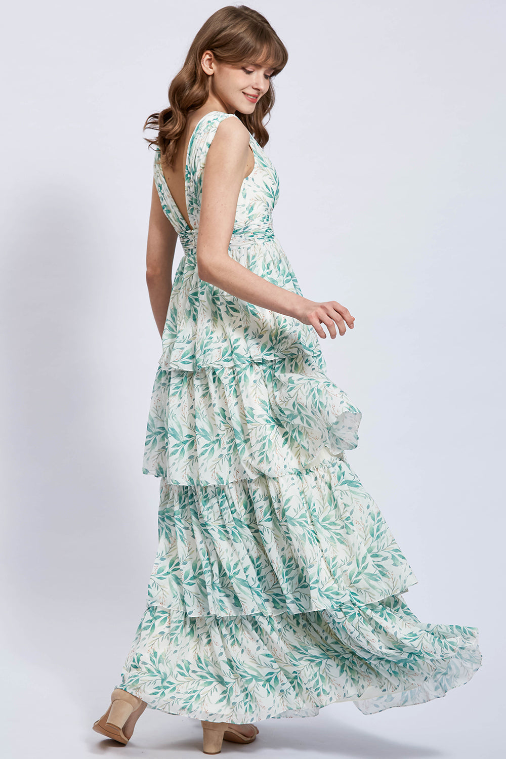 Träger V-Ausschnitt Floral Chiffon Salbei abgestuftes formelles Abendkleid