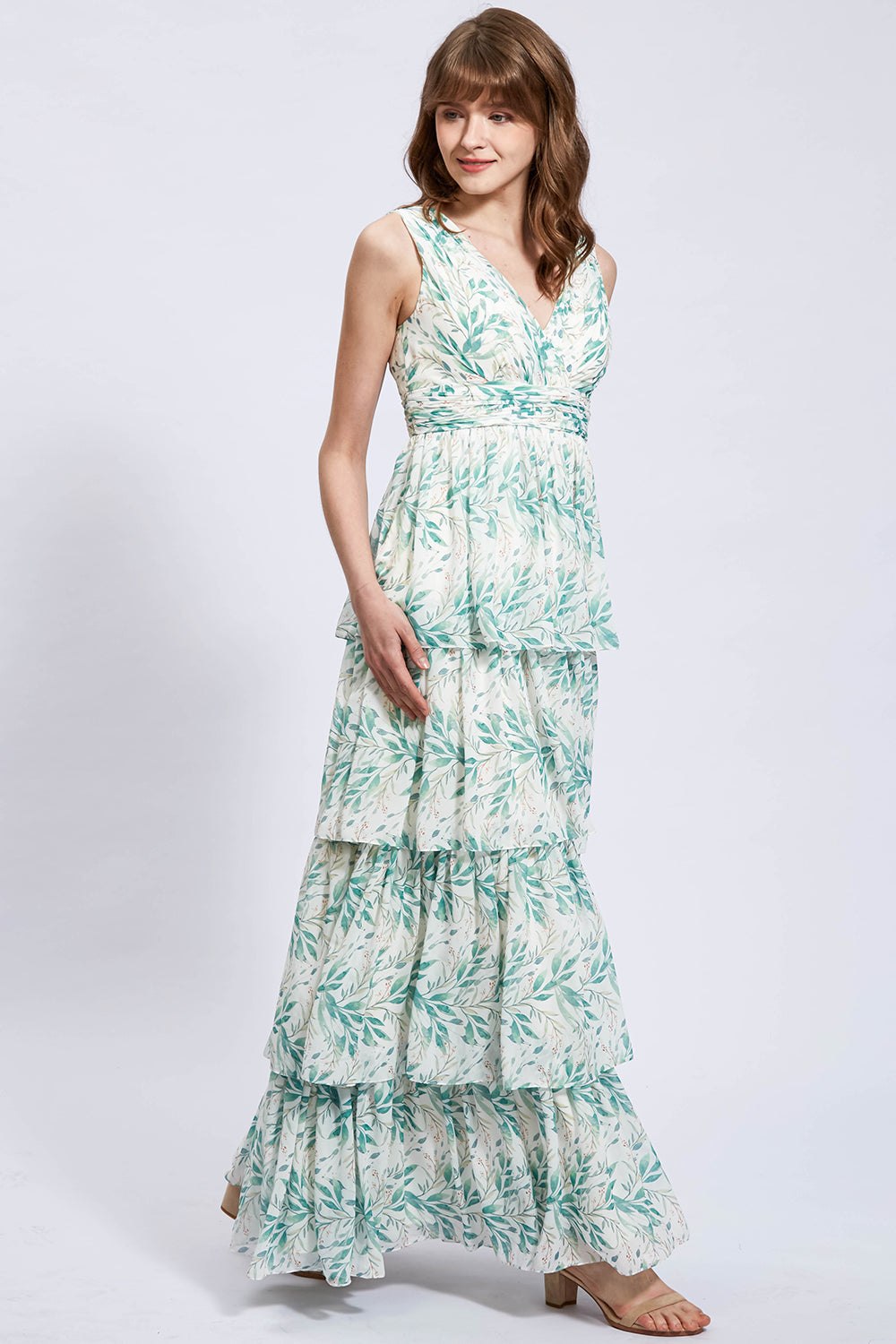 Straps V Neck Floral Chiffon Sage Tiered Formal Evening Gown