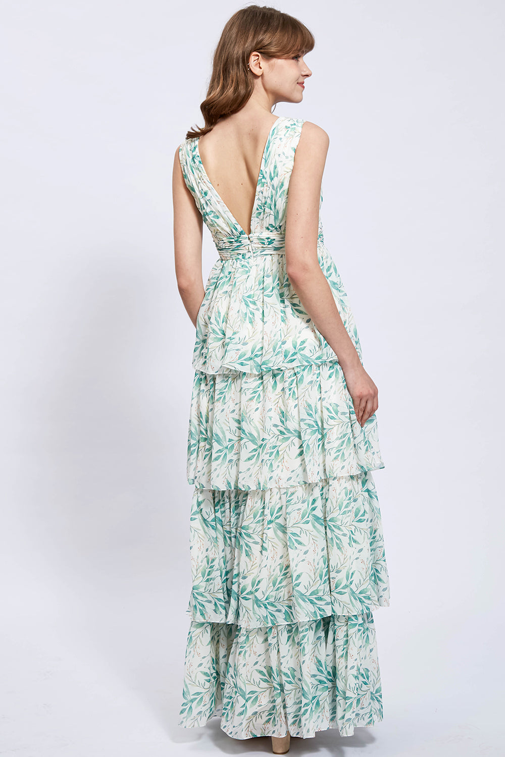 Träger V-Ausschnitt Floral Chiffon Salbei abgestuftes formelles Abendkleid