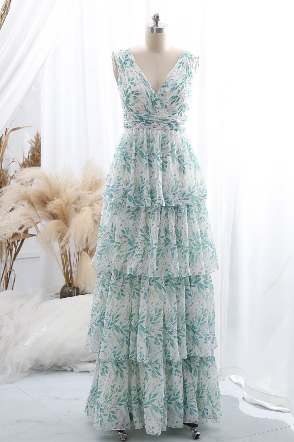 MissJophiel Straps V Neck Floral Chiffon Sage Maxi Tiered Prom Formal Evening Gown