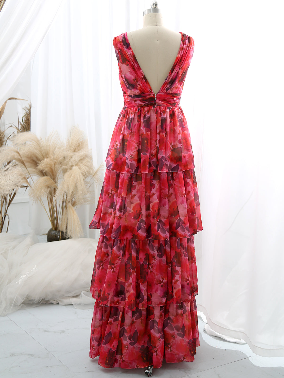 Straps V Neck Floral Chiffon Maxi Tiered Formal Dress