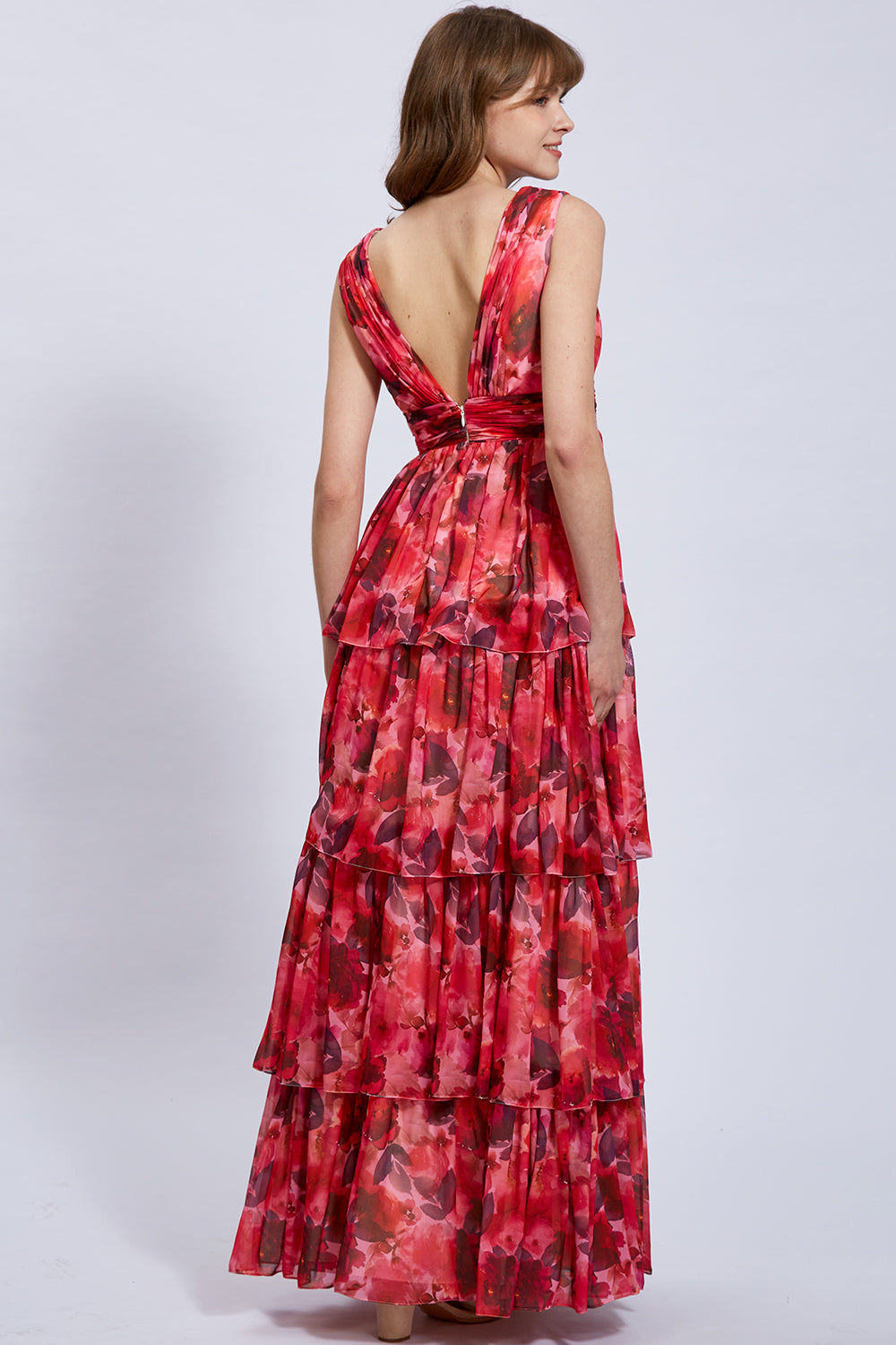 Träger V-Ausschnitt Floral Chiffon Maxi abgestuftes Abendkleid